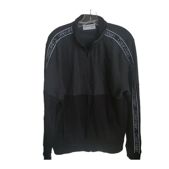 Mens Calvin Klein Large Causal Jacket Full Zipper Black Gray White Logo Sleeves - Picture 1 of 8
